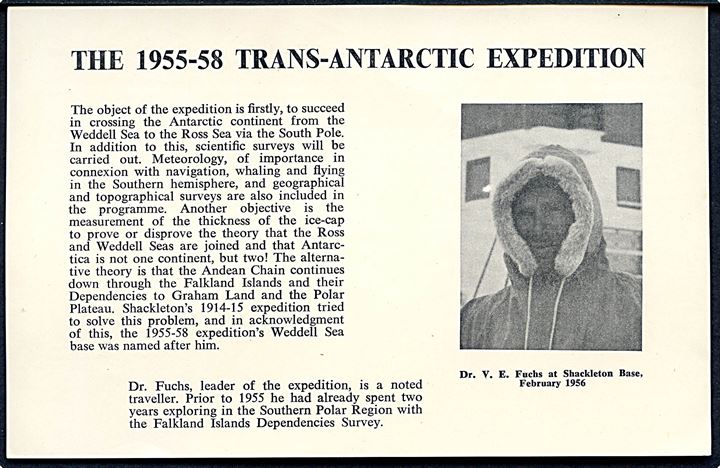 Trans-Antarctic Expedition 1955-1958 provisorier på illustreret ekspeditionsbrev stemplet Shackleton d. 27.1.1957 til London, England.
