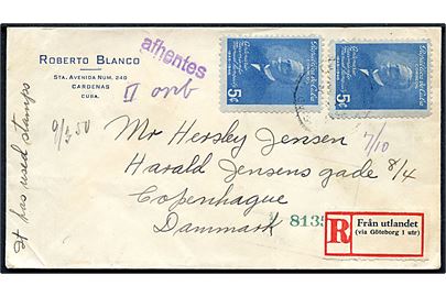 5 c. (2) på anbefalet brev fra Cardenas Cuba 1950 via Sverige til København, Danmark. Påsat svensk rec.-etiket: Från utlandet (via Göteborg 1 utr.).