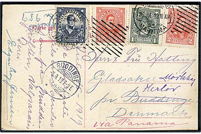 1 c., 2 c. (2) og 5 c. på brevkort fra Valparaiso d. 16.7.1919 til Gladsaxe pr. Buddinge, Danmark - ændret til pr. Herlev. Påskrevet via Panama.