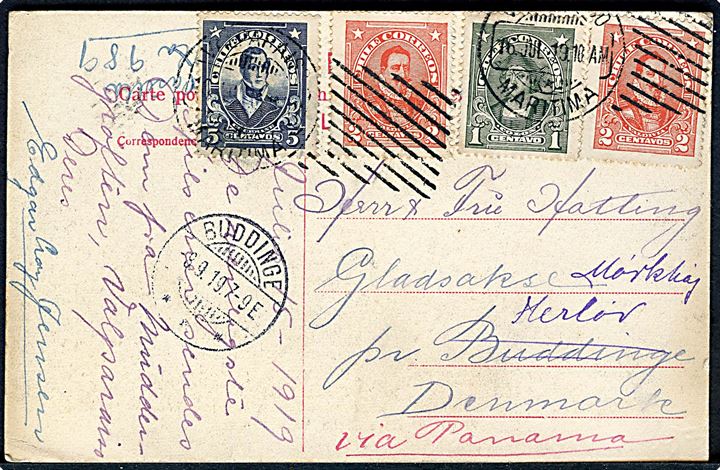 1 c., 2 c. (2) og 5 c. på brevkort fra Valparaiso d. 16.7.1919 til Gladsaxe pr. Buddinge, Danmark - ændret til pr. Herlev. Påskrevet via Panama.
