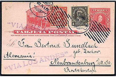 2 c. helsagsbrevkort opfrankeret med 2 c. og 4 c. fra Santiaago d. 2.4.1914 til Neubrandenburg, Tyskland. Liniestempel VIA LOS ANDES som indikere at kortet er sendt via sommerruten over Andes bjergene.
