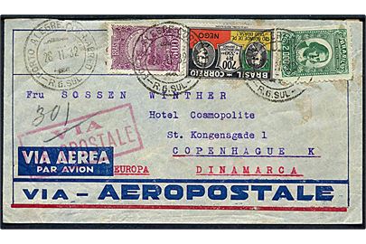 500 reis Santos Dumont, 2000 reis Bartolomeu de Gusmão Luftpost udg. og 300+350 reis Velgørenhed på luftpostbrev fra Porto Alegre d. 26.11.1932 til København, Danmark