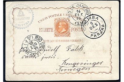80 reis helsagsbrevkort fra Conritiba d. 9.12.1885 via Rio de Janeiro til Kongsvinger, Norge.