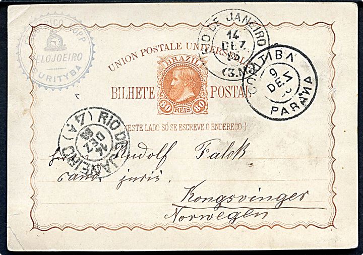 80 reis helsagsbrevkort fra Conritiba d. 9.12.1885 via Rio de Janeiro til Kongsvinger, Norge.