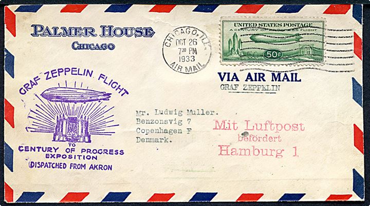 50 cents Century of Progress Zeppelin udg. på luftpostbrev stemplet Chicago Air Mail d. 26.10.1933 via Friedrichshafen (Bodensee) /Mit Luftschiff Graf Zeppelin befördert d. 2.11.1933 og Mit Luftpost befördert Hamburg 1 til København, Danmark. Violet Graf Zeppelin flyvningsstempel.