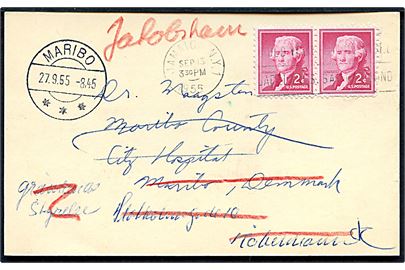 2 cents Jefferson i parstykke på brevkort fra Jamaica, N.Y. d. 13.9.1955 til Dr. Waagstein, Hospitalet i Maribo, Danmark - eftersendt til først Grønlands Styrelse i København og siden til Jakobshavn, da P. Waagstein i 1955 var distriktslæge i Jakobshavn, Grønland.