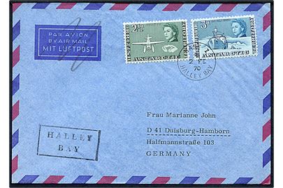 British Antarctic Territorry 2½d og 3d på brev annulleret Base Z Halley Bay d. 2.2.1970 og sidestemplet Halley Bay til Duisburg, Tyskland.