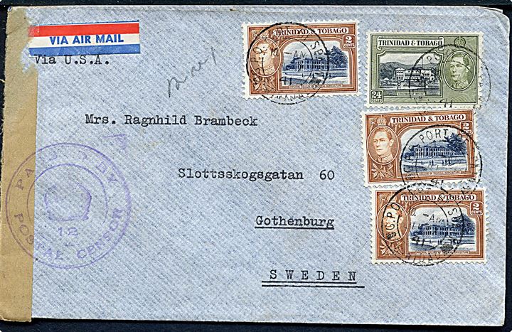 2 cents (3) og 24 cents George VI på luftpostbrev fra Port of Spain Trinidad d. 17.6.1941 påskrevet via USA til Göteborg, Sverige. Åbnet af lokal censur.