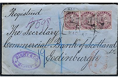 1d Victoria i vandret 3-stribe med perfin B & C på anbefalet brev fra firma Binny & Co. i Madras d. 14.2.1901 via London til Edinburgh.