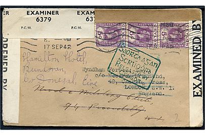 5 cents George V i 3-stribe på brev fra Colombo d. 17.9.1942 til London, England - eftersendt til Irland. Åbnet af lopkal censur på Ceylon PC90 L/360, igen i England med PC90/5255 og endelig passérstemplet af den irske censur.