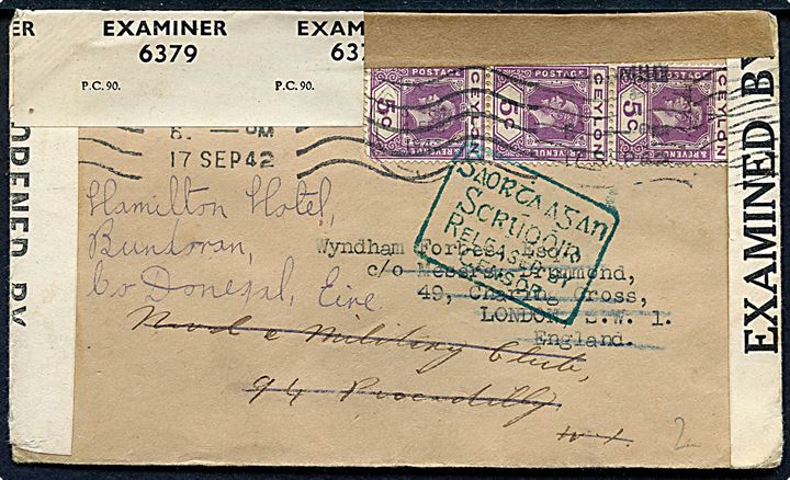 5 cents George V i 3-stribe på brev fra Colombo d. 17.9.1942 til London, England - eftersendt til Irland. Åbnet af lopkal censur på Ceylon PC90 L/360, igen i England med PC90/5255 og endelig passérstemplet af den irske censur.