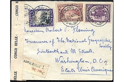 5 c., 20 c. og 5 fr. på anbefalet brev fra Leopoldville d. 19.12.1940 via Matadi og New York til Washington, USA. Åbnet af lokal censur i Leopoldville.