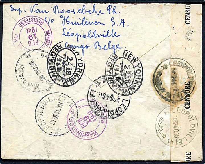 5 c., 20 c. og 5 fr. på anbefalet brev fra Leopoldville d. 19.12.1940 via Matadi og New York til Washington, USA. Åbnet af lokal censur i Leopoldville.