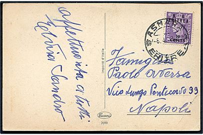 B. A. Eritrea 30 cents/3d George VI single på brevkort fra Asmara Eritrea d. 8.4.1948 til Napoli, Italien.