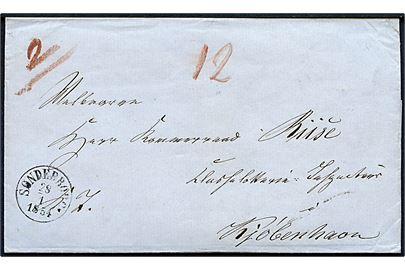 1854. Ufrankeret 2. vægtkl. brev mærket K.T. med antiqua Sønderborg d. 28.1.1854 til Kammerraad Riise, Klasselotteri Inspecteur i Kjøbenhavn. Påskrevet 2 for 2. vægtkl. og utakseret i 12 skilling porto som dobbeltbrev.