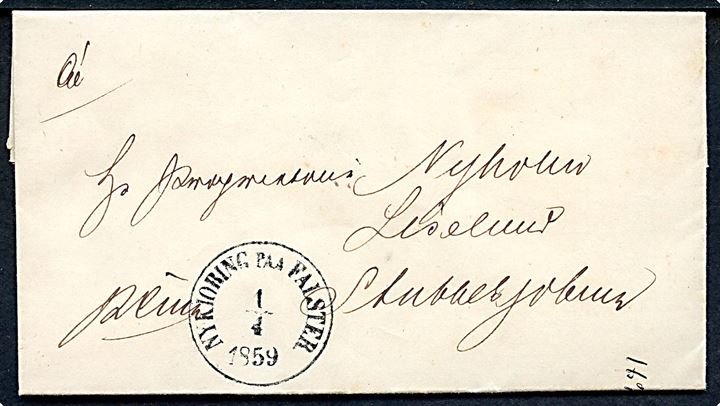 1859. Ufrankeret tjenestebrev mærket Ktma med laksegl fra Lolland Falster Stifts Amt og antiqua Nykiöbing paa Falster d. 1.4.1859 til Liselund pr. Stubbekjøbing.