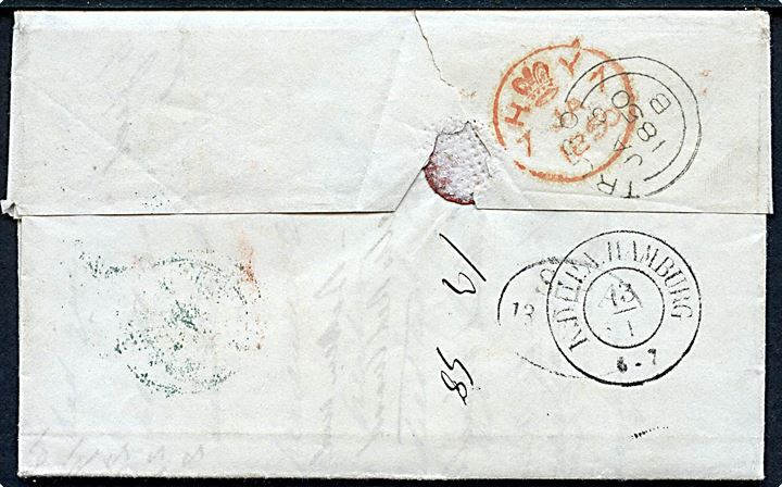 1850. Ufrankeret portobrev påskrevet via Hamburg stemplet Truro d. 6.1.1850 via London, K.D.O.P.A. Hamburg og Helsingør d. 25.1.1850 til Drammen, Norge. Mange portopåtegninger. Fuldt indhold.