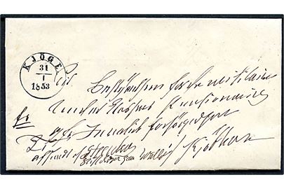 1853. Ufrankeret brev oprindelig påskrevet K.T. men ændret til franco fra Vallø d. 28.1.1853 med 1½-ringsstempel Kjöge. d. 31.1.1853 til Kjøbenhavn. Fuldt indhold.