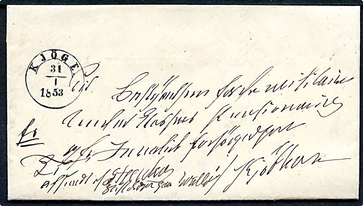 1853. Ufrankeret brev oprindelig påskrevet K.T. men ændret til franco fra Vallø d. 28.1.1853 med 1½-ringsstempel Kjöge. d. 31.1.1853 til Kjøbenhavn. Fuldt indhold.