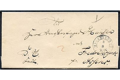 1846. Tjenestebrev mærket K.T. med indhold dateret Fjordholm d. 7.2. med 1½-ringsstempel Hadersleben. d. 8.2.1846 til Frederiksgave pr. Assens. Påskrevet 2 sk. med rødkridt.