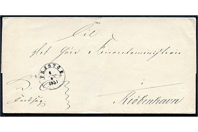 1851. Ufrankeret tjenestebrev mærket K.T. med 1½-ringsstempel Præstöe. d. 6.8.1851 til Kiøbenhavn.