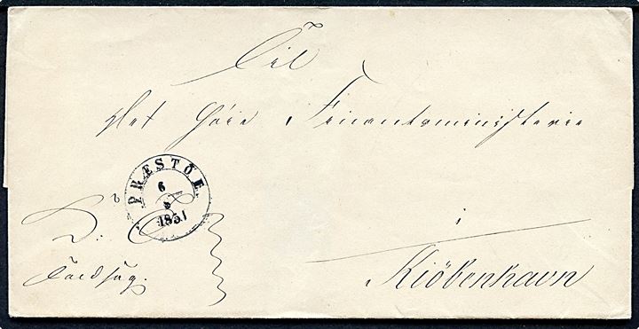 1851. Ufrankeret tjenestebrev mærket K.T. med 1½-ringsstempel Præstöe. d. 6.8.1851 til Kiøbenhavn.