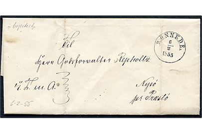1855. Ufrankeret tjenstebrev mærket K.T.m.A. fra Præstø Amtsstue med 1½-ringsstempel Rönnede. d. 6.2.1855 til Nysø pr. Præstø.