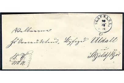 1851. Ufrankeret tjenestebrev mærket K.T.m.A. med 1½-ringsstempel Slagelse. d. 20.12.1851 til Skjeldskjör.