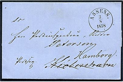 1858. Ufrankeret brev mærket Postsag med smukt antiqua Assens d. 3.8.1858 til Postinspektør Petersen i Kiøbenhavn - eftersendt til Hamborg. laksegl fjernet.