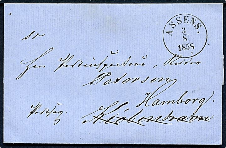 1858. Ufrankeret brev mærket Postsag med smukt antiqua Assens d. 3.8.1858 til Postinspektør Petersen i Kiøbenhavn - eftersendt til Hamborg. laksegl fjernet.