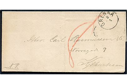 1878. Ufrankeret N.P. (Nedsat Porto) brev fra Grenaa Herred med lapidar Grenaa d. 8.1.(1878) til Kjøbenhavn. Udtakseret i 8 øre enkeltporto. 