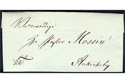 1849. Tjenestebrev mærket K.T. med indhold fra Bornholm Amtsskoledirektion d. 13.8.1849 til pastor Mossin i Aakirkeby.