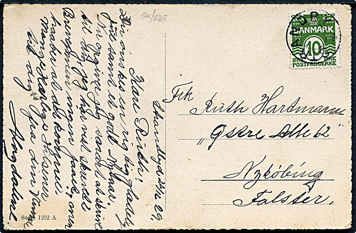 10 øre Bølgelinie på julekort dateret d. 22.12.1929 annulleret med stjernestempel STRANDBY til Nykøbing F.