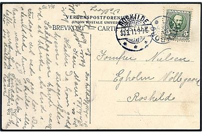 5 øre Fr. VIII på brevkort (Roskilde Højskole) annulleret med stjernestempel LINDENBORG og sidestemplet Roskilde d. 30.3.1910 til Roskilde.