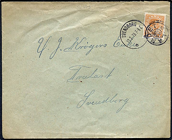 7 øre Chr. X på lokalbrev annulleret med stjernestempel LANDET og sidestemplet Svendborg d. 19.3.1919 til Svendborg.