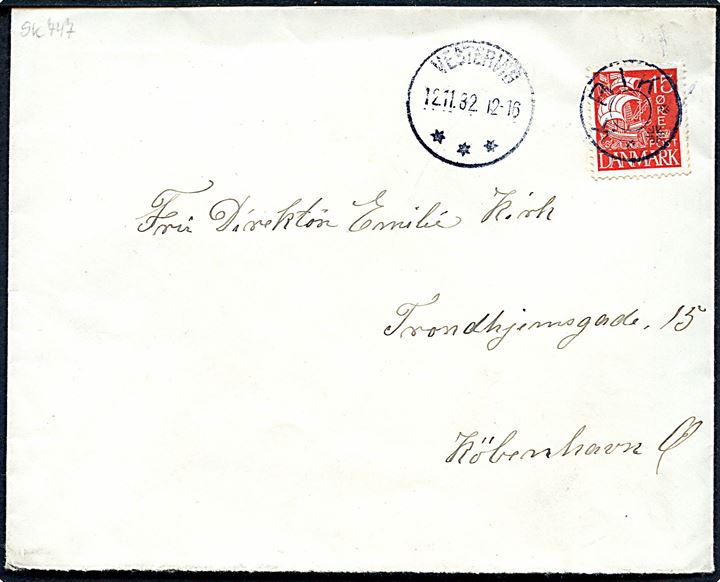 15 øre Karavel på brev annulleret med stjernestempel KRIK og sidestemplet brotype IIIc Vestervig d. 12.11.1932 til København.