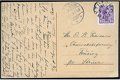15 øre Chr. X på brevkort annulleret med stjernestempel KOLDBY THY og sidestemplet Hørdum d. 3.11.1924 til Struer.