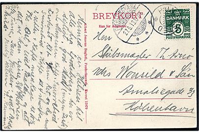 5 øre Bølgelinie på brevkort (Spodsbjerg set fra Hundested havn) annulleret med stjernestempel HUNDESTED og sidestemplet Frederiksværk d. 27.6.1913 til København. 