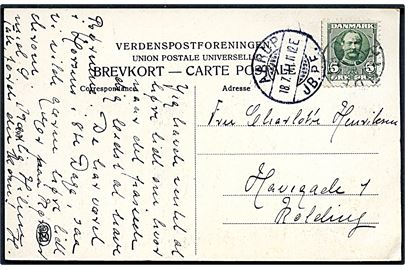 5 øre Fr. VIII på brevkort (Rønnemosegaard) annulleret med stjernestempel HINDEVAD og sidestemplet Aarup JB.P.E. d. 18.7.1911 til Kolding.