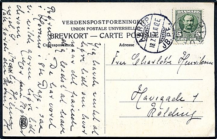 5 øre Fr. VIII på brevkort (Rønnemosegaard) annulleret med stjernestempel HINDEVAD og sidestemplet Aarup JB.P.E. d. 18.7.1911 til Kolding.