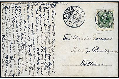 5 øre Fr. VIII på brevkort annulleret md stjernestempel HEM og sidestemplet Skive d. 5.8.1909 til Soderup Præstegaard pr. Tølløse.
