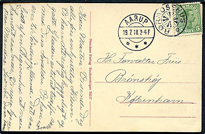 5 øre Chr. X på brevkort annulleret med stjernestempel RØRMOSEHUS og sidestemplet Aarup d. 19.7.1918 til Brønshøj pr. København.