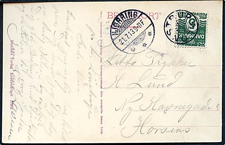 5 øre Bølgelinie på brevkort (Parti fra Lønstrup) annulleret med stjernestempel LØNSTRUP og sidestemplet Hjørring d. 21.7.1913 til Horsens.
