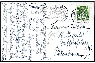 10 øre Bølgelinie på brevkort annulleret med stjernestempel LUMBSAAS og sidestemplet Nykøbing Sjælland d. 22.4.1929 til København.