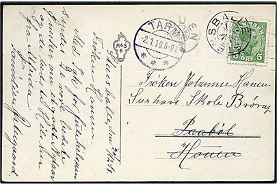 5 øre Chr. X på brevkort dateret d. 20.12.1918 annulleret med stjernestempel STENSBALLE til Paabøl pr. Houen - eftersendt til Surhave Skole, Brørup med stjernestempel HOUEN og siestemplet Tarm d. 2.1.1919.