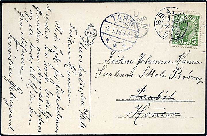 5 øre Chr. X på brevkort dateret d. 20.12.1918 annulleret med stjernestempel STENSBALLE til Paabøl pr. Houen - eftersendt til Surhave Skole, Brørup med stjernestempel HOUEN og siestemplet Tarm d. 2.1.1919.
