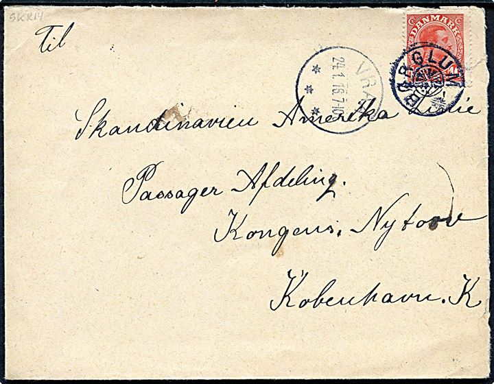 10 øre Chr. X på brev annulleret med stjernestempel BØRGLUM og sidestemplet Vraa d. 24.1.1916 til København.