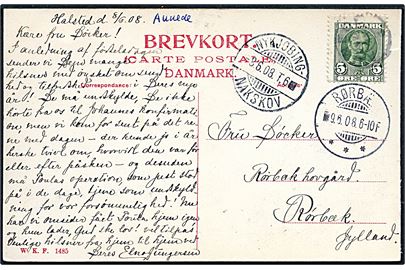 5 øre Fr. VIII på brevkort annulleret med uldent stjernestempel AUNEDE og sidestemplet bureau Nykjøbing - Nakskov T.6 d. 8.6.1908 til Rærbæk. Ank.stemplet i Rørbæk d. 9.6.1908.