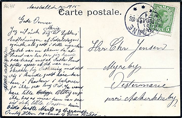 5 øre Chr. X på brevkort annulleret med stjernestempel AARSBALLE og sidestemplet Rønne d. 15.8.1915 til Vestermarie pr. Aakirkeby.