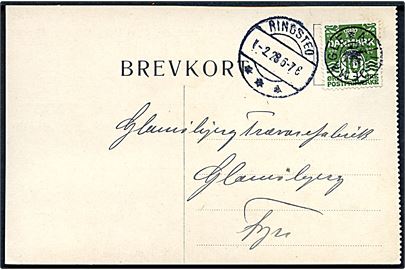 10 øre Bølgelinie på brevkort annulleret med stjernestempel ALLINDEMAGLE og sidestemplet Ringsted d. 1.2.1928 til Glamsbjerg.